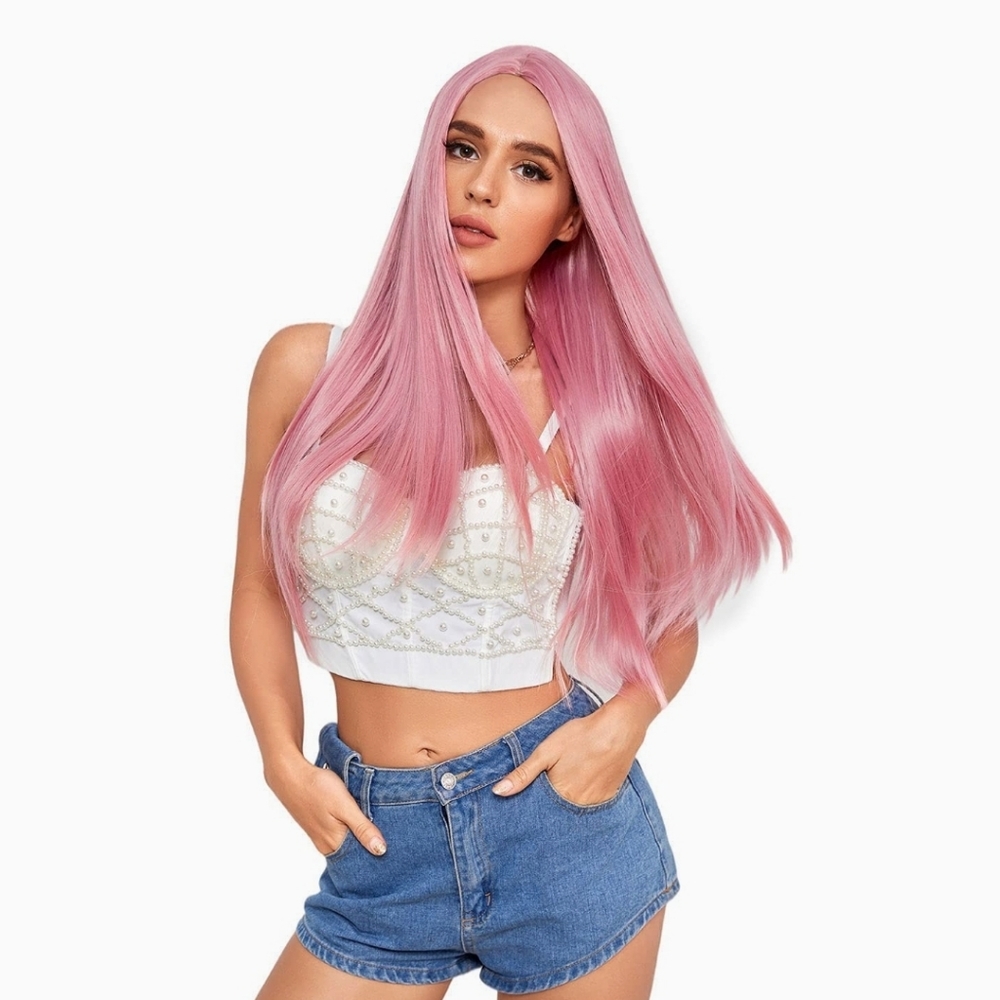 Pink Long Straight Wig Middle Part 24"
